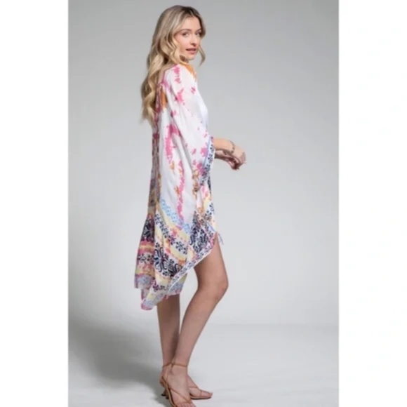 SOLD OUT Colorful Tie Dye Bohemian Ethnic Border Motif Kimono Wrap Coverup Open - Picture 4 of 5